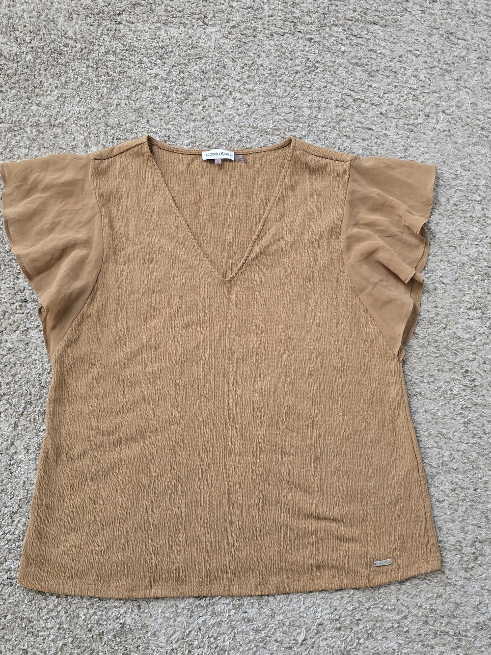 Calvin Klein Tan Solid V-Neck Flutter Short Sleeve Knit Pullover Blouse Chic, L